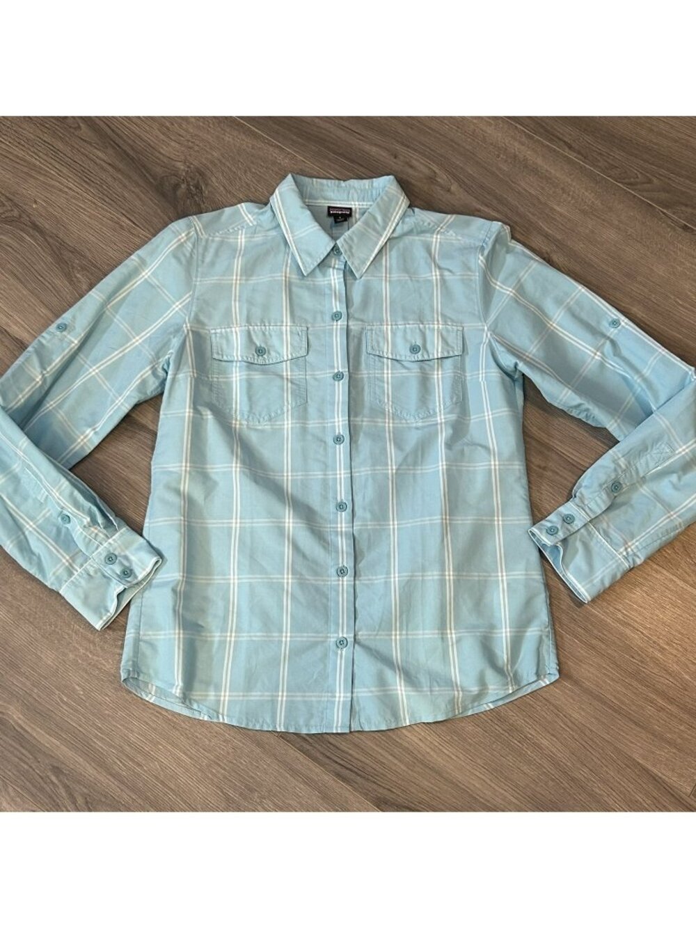 Patagonia Shirt Womens 8 Blue Plaid Lyocell Nylon Button Front Lightweight